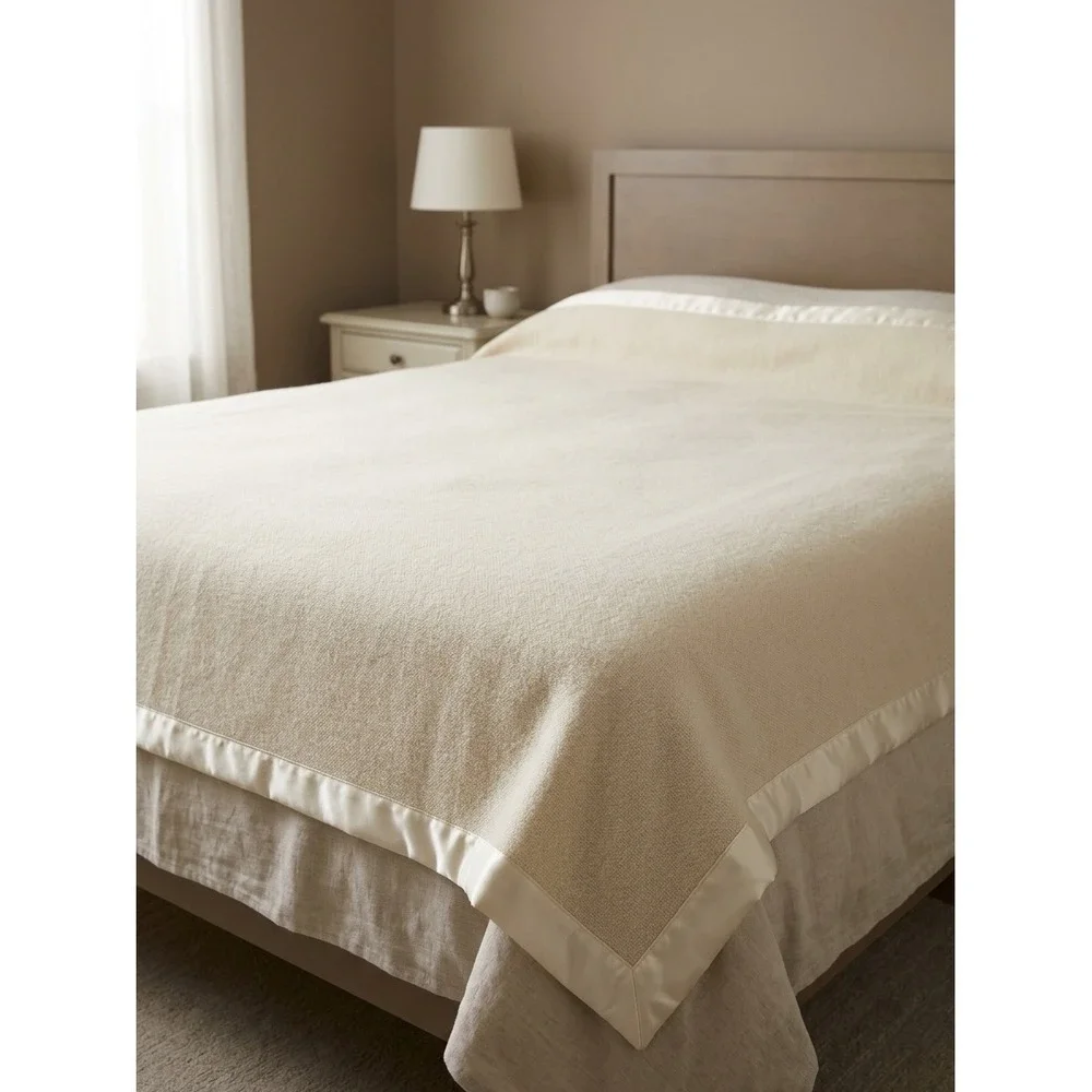Poyet Motte France Pure New Wool Queen Blanket Cream Satin Trim 94x90 Bedding